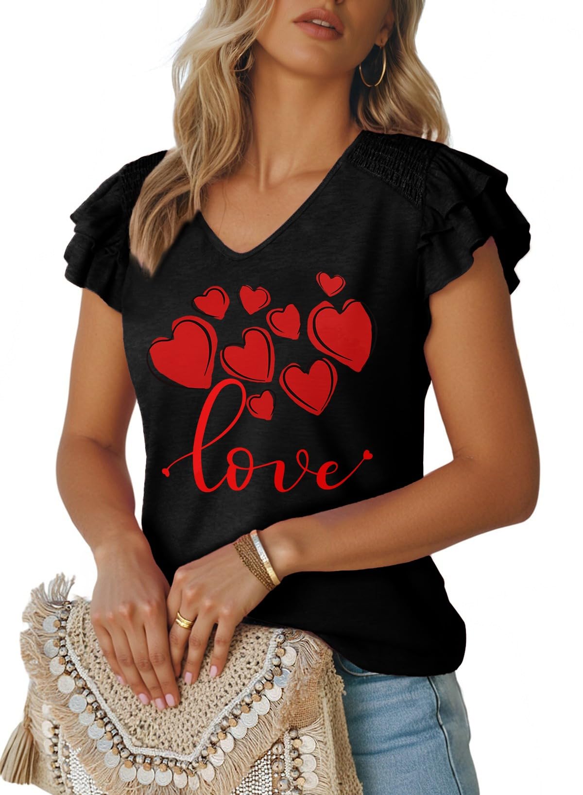 Photo 1 of Dokotoo Womens Tops v Neck Flowy Ruffle t Shirts Valentine Outfit Basic Knit Ribbed Cute Ladies Top Spring Summer Business Casual Shirts for Women