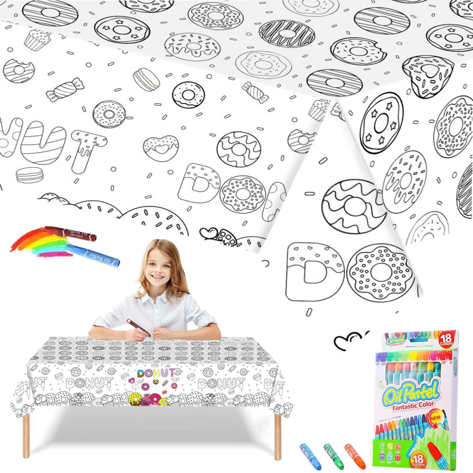 Donuts Giant Colouring Table Cloths for Kids,Party Tablecloth Colouring Poster with 18 Paint Pens,47x71inch Colour In Table Cloth Drawing Paper Roll Table Cover Colouring Sheet for Kids Donuts Party