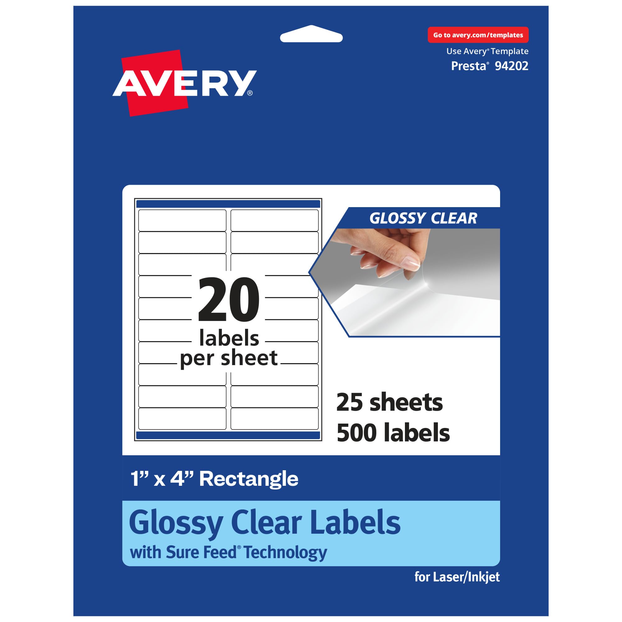 Avery Glossy Clear Rectangle Labels, Sure Feed Technology, 1″ x 4″, 500 Glossy Clear Labels, Laser/Inkjet Printable