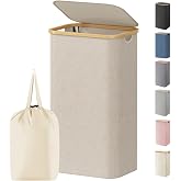 Lifewit 105L Large Laundry Basket with Lid, Removable Bags, Beige | Foldable Laundry Hamper with Bamboo Handles, Tall Laundry Bin, Dirty Clothes Hamper for Laundry Room, Bedroom, Bathroom, Dorm