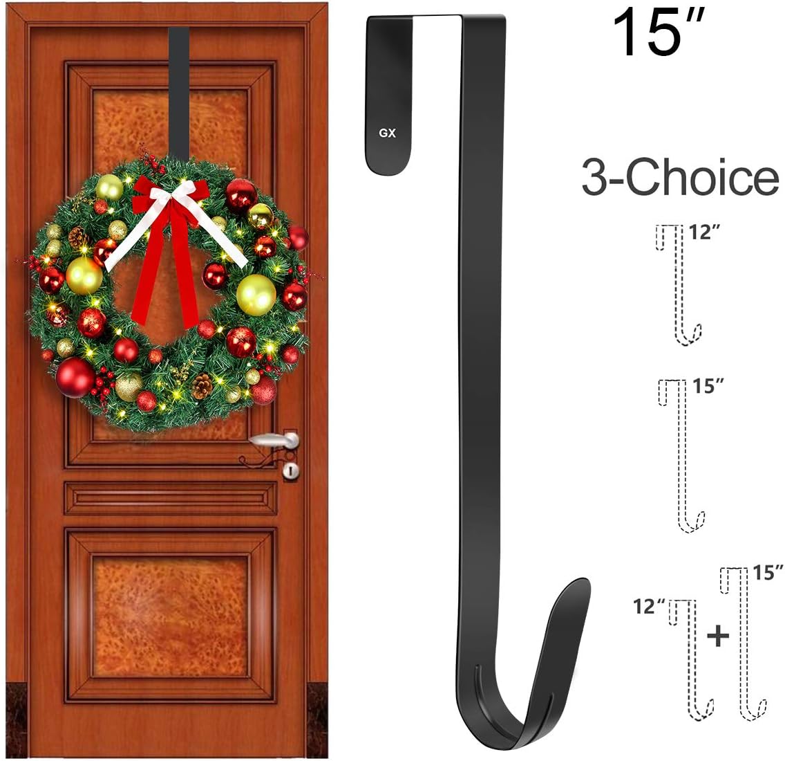 GameXcel 15" Wreath Hanger for Front Door - Large Wreath Metal Hook for Christmas Wreath Over The Door Hanger Black: Home & Kitchen