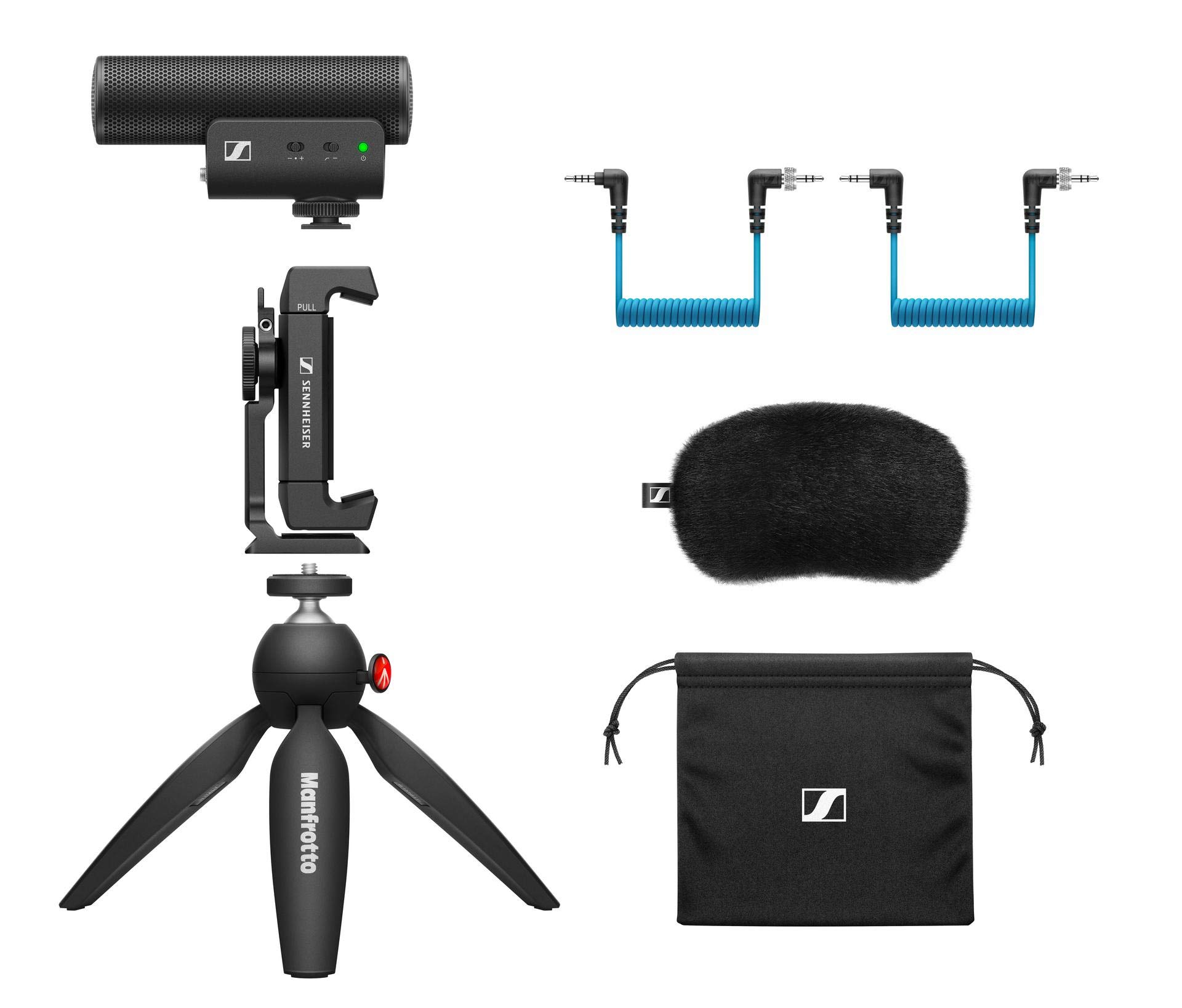 Sennheiser MKE 400 Directional Shotgun Camera Microphone Kit | Smartphone Clamp & Manfrotto PIXI Mini Tripod | For Vloggers & Creators | 3.5MM TRS & TRSS Coiled Cables Included | Black (508898) — image 1
