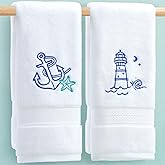 White Towel with Embroidered, Hand Towels Set of 2 ( Large 16"x30") - 100% Cotton | Quick Dry | 500GSM | Soft | Absorbent, Nautical Hand Towels for Bathroom, Navy Blue Anchor + Lighthouse + Starfish
