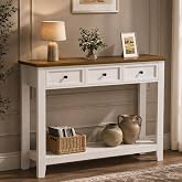 Draelibor 46.5" W Narrow Console Table with 3 Drawers, White | Sofa Table with Storage Shelves, Farmhouse Entryway Table for Living Room, Kitchen, Hallway, Foyer