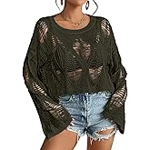 Vinsekep Womens Gothic Short Sweaters Oversized Punk Goth Sweater Long Bell Sleeve Knitting Crop Tops US Size S-XL