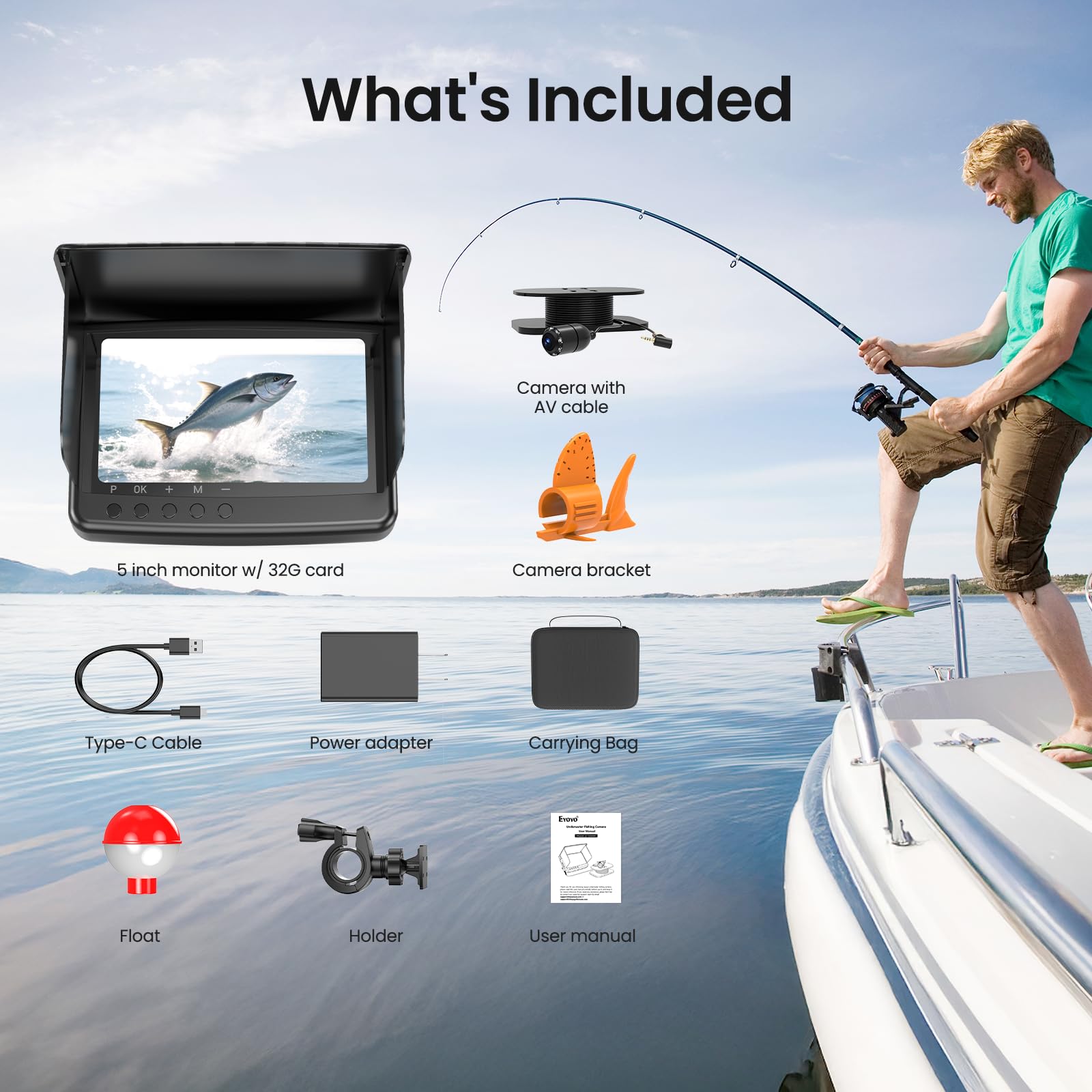 Eyoyo Underwater Fishing Camera 5-Inch: 720P DVR Recording, 8 IR Night Lights, 10000mAh Battery, 66 FT Cable Portable Fish Finder for Ice, Boat, Lake Fishing Outdoor Gear
