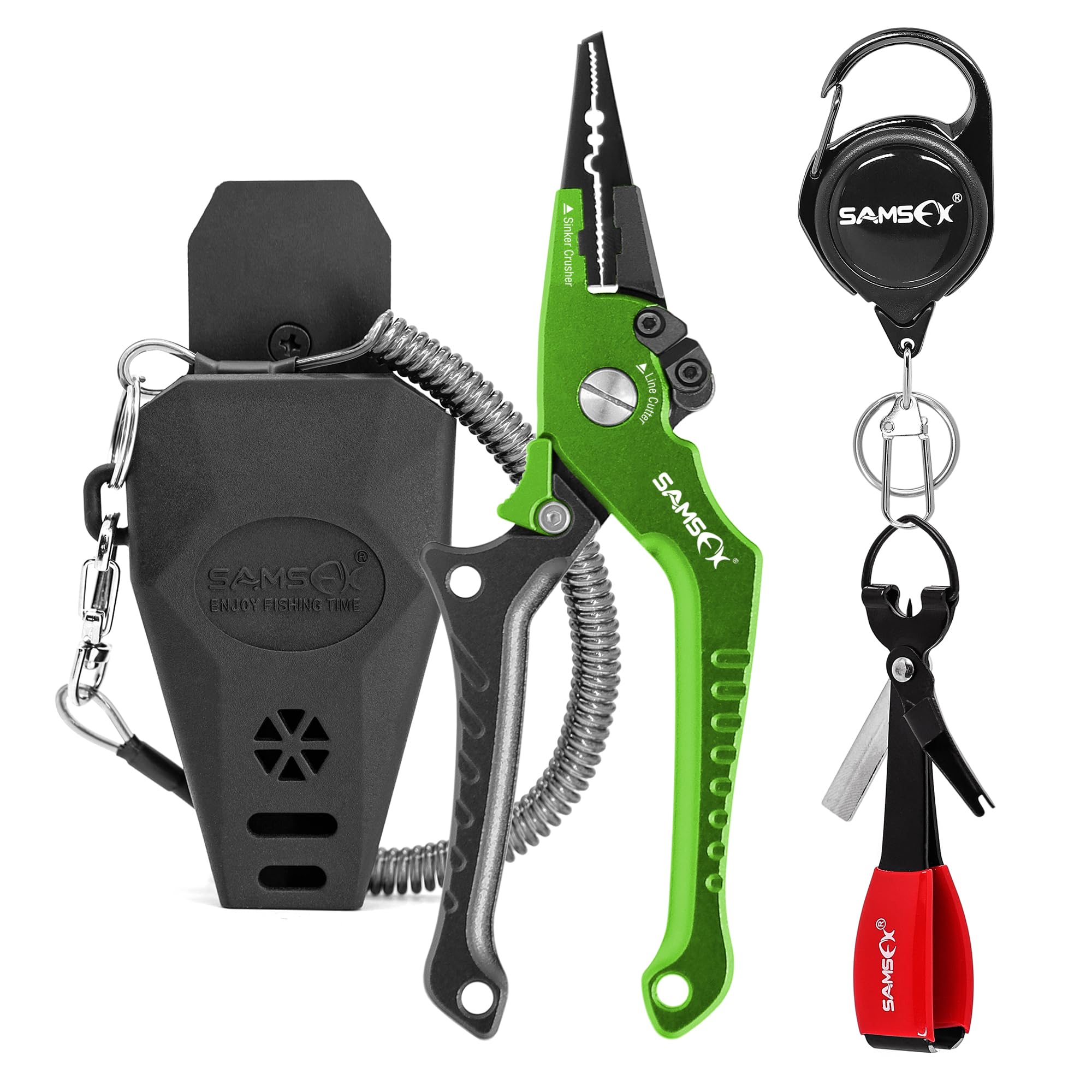 SAMSFX Aluminum Fishing Locking Pliers Saltwater Split Shot Ring Braid Cutter Hook Remover Pliers with Lanyard and Sheath, Quick Knot Tool Combo