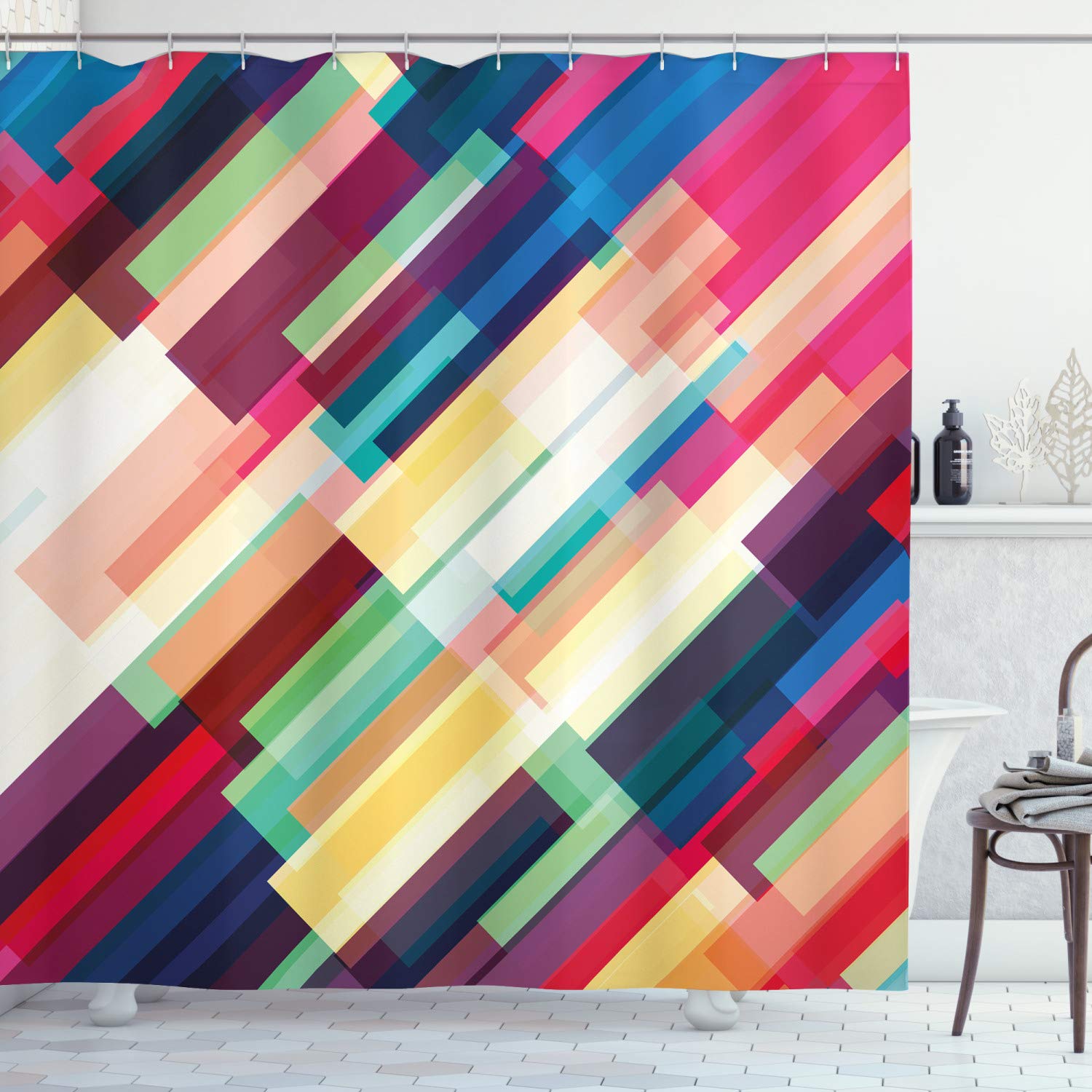 ABAKUHAUS Abstract Shower Curtain, Futuristic Geometric Pattern Design with Colorful Stripes Modern Technologic Print, Cloth Fabric Bathroom Decor Set with Hooks, 94 Inches, Multicolor