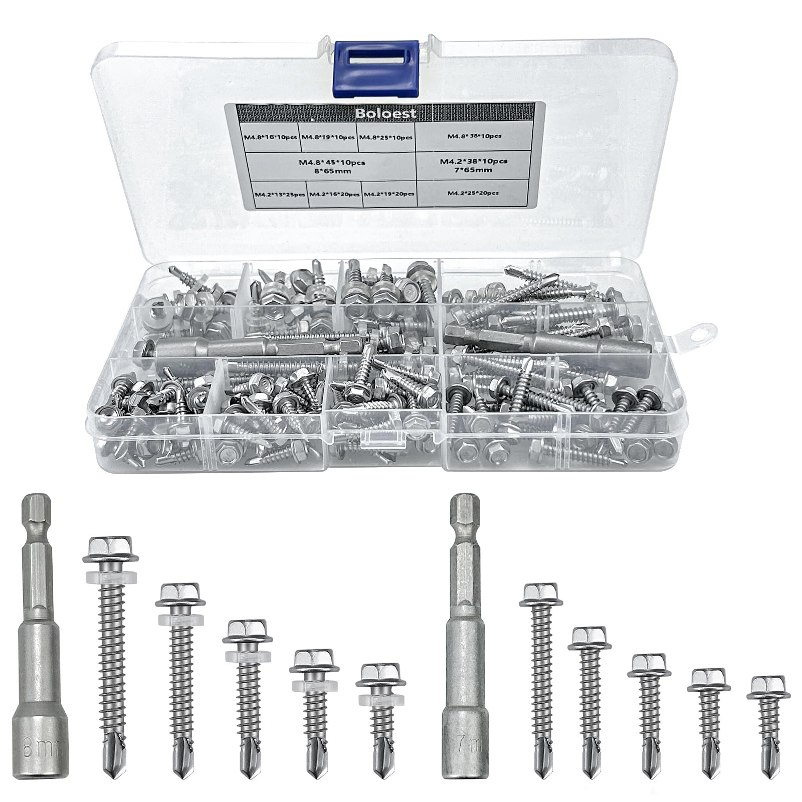 147pcs M4.2 M4.8 Stainless Steel Self Tapping Hex Head Screws Full Thread Metal Roofing Drill Bolts Hexagonal Dovetail Self Drilling Tail Screws with Nut Setter, Washers