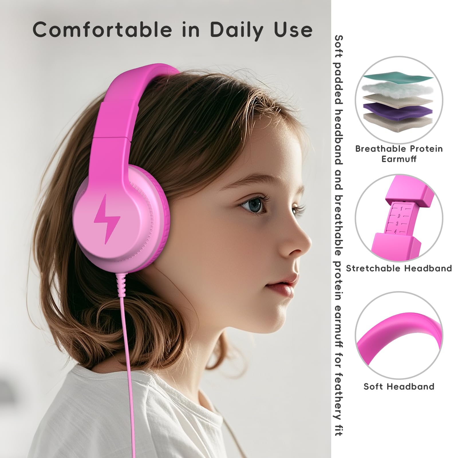 Candy Bila Kids Headphones, Wired Headphones for Kids Over Ear with Microphone, 85/94dB Volume Limiter Headphone for Girls Boys, Foldable Headphone for Learning & Entertainment, Gradient Deep Pink