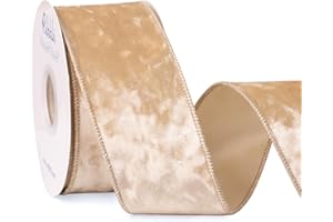 Ribbli Champagne Velvet Wired Ribbon 2.5 Inch Crushed Velvet Christmas Ribbon for Gift Wrapping Christmas Tree Decoration Crafts Wreaths Supplies-Continuous 10 Yards