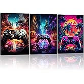 Framed Gaming Canvas Wall Art Set of 3 Colorful Cool Neon Gaming Poster Prints Video Game Picture Art Gamepad Painting Modern Wall Decor for Boys Room Kids Game Room Bedroom 16x24inx3pcs