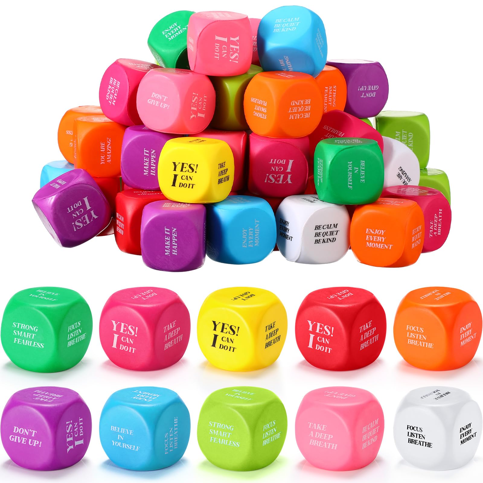 Photo 1 of Jerify 60 Pcs Motivational Stress Ball Bulk Quote Inspirational Foam Cubes Balls Stress Relief Employee Appreciation Gift for Coworkers Kids Adult Motivating Encouraging (Cute Colors)