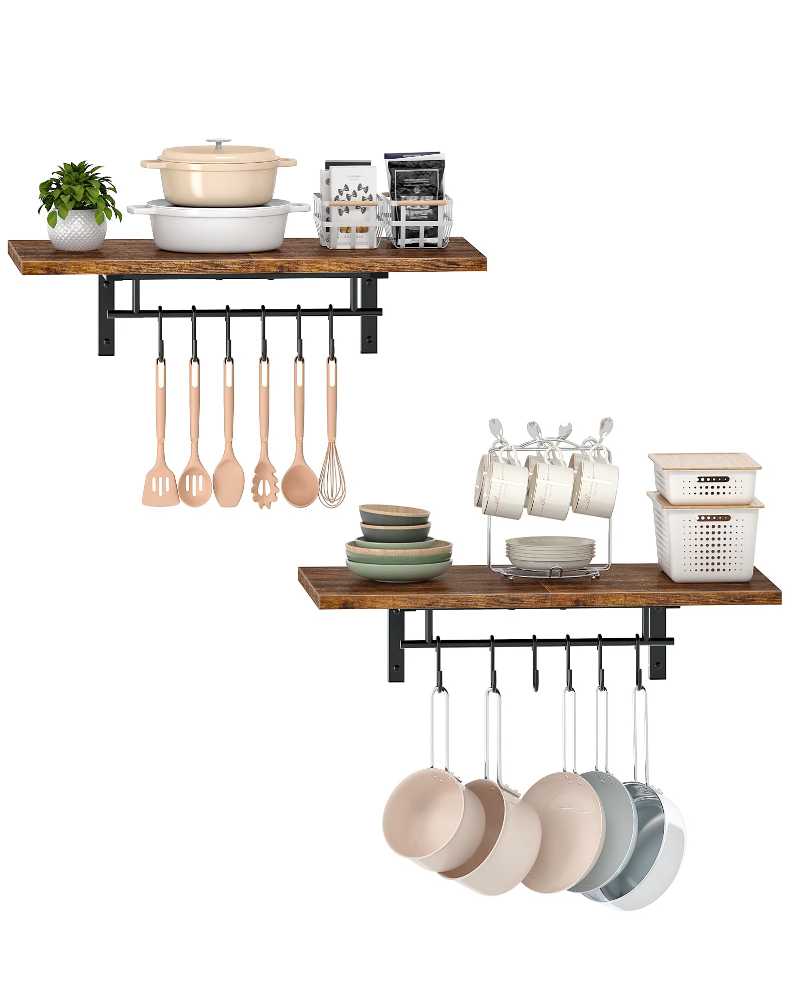 Photo 1 of CHOEZON Wall-Mounted Pot Racks, Set of 2 Hanging Pot Rack, Floating Shelves, Wall Shelves, Vintage Pot Hangers for Kitchen, Wall Rack for Kitchen Storage, Rustic Brown and Black TPR26P2BF