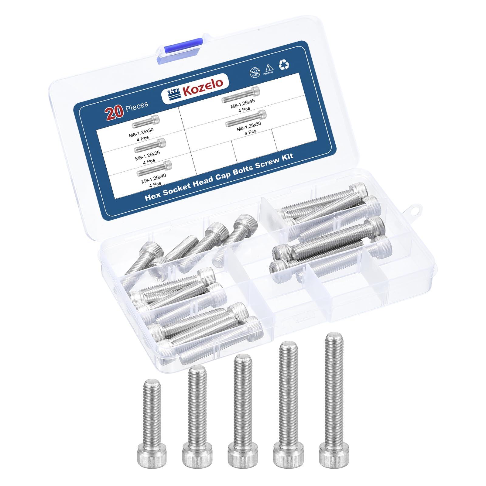 Kozelo 20pcs M8 Socket Head Cap Screws Bolts Nuts Assortment Kit - [M8x30/35/40/45/50mm] 304 Stainless Steel Allen Socket Drive for 3D Printer