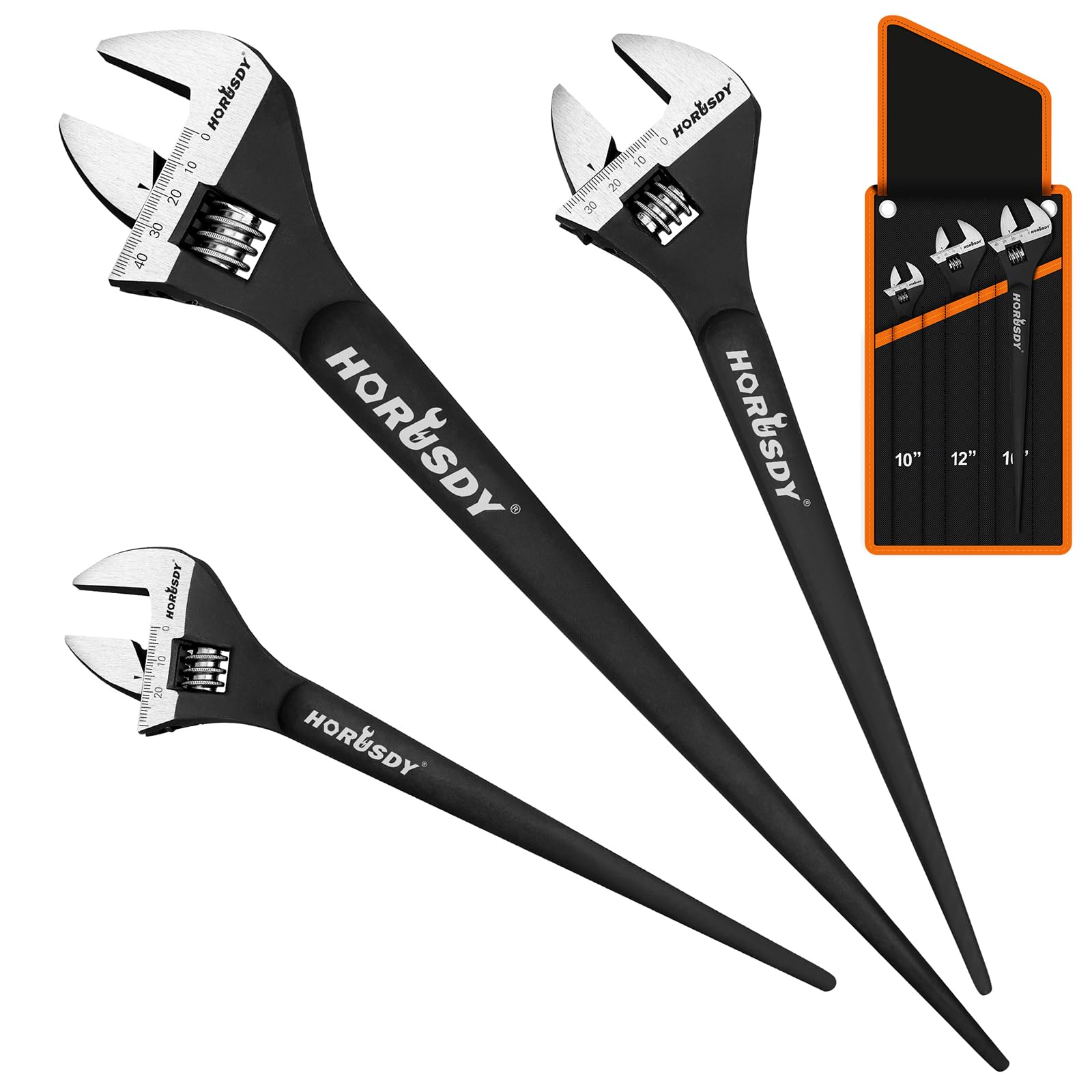Photo 1 of HORUSDY 3-Piece Adjustable Spud Wrench Set, 10", 12", 16", CR-V Steel, SAE & Metric Scale, Black Oxide Finish, Heavy Duty Wrenches for Construction, Mechanical Repair, DIY and Outdoor Projects