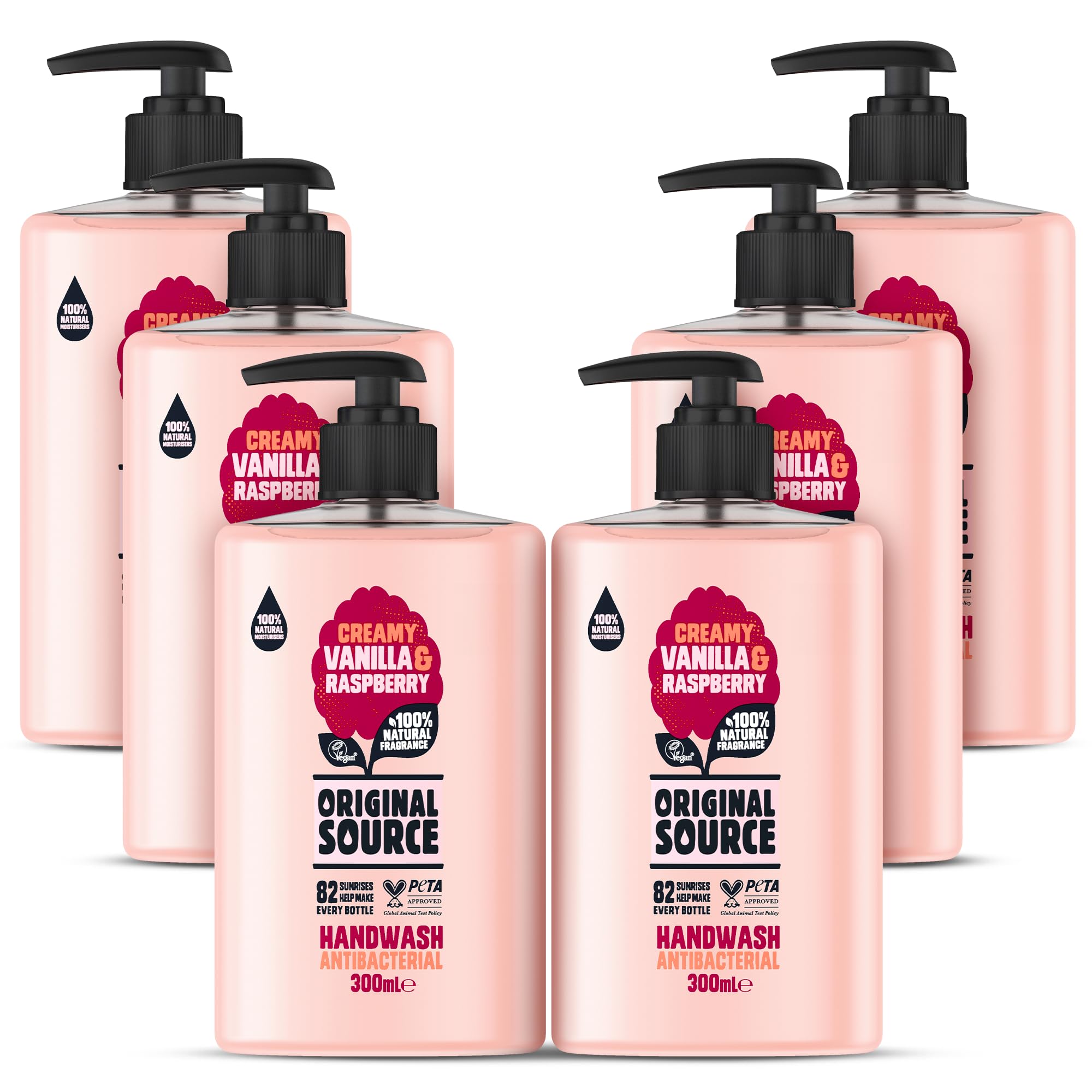Original Source Vanilla Milk and Raspberry Handwash with 100% Natural Fragrance, Vegan Handwash, Antibacterial, Natural Moisturisers, Multipack of 6 x 300 ml