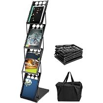 QWORK Foldable Brochure Display Stand - 4 Pocket Floor Rack, White, 14"x10"x52", For Magazines, Catalogs, Trade Shows