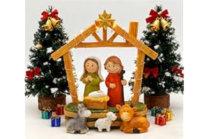 MERITMODE Resin Nativity Scene Figurine – Cute Holy Family with Baby Jesus, Mary, Joseph, Stable and Animals – Christmas Tabletop Decoration, Christian Home Decor – 5.94”