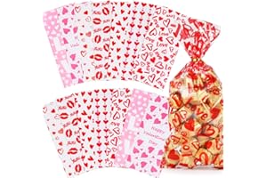 AREOK Valentines Day Candy Goody Bags, Valentine Goodie Bags for Kids, 133 Pcs - Valentines Cellophane Treat Bags, Clear Goodie Bags With Ties, Cellophane Cookie Bags, Valentines Day Gift Bags, 7 Designs