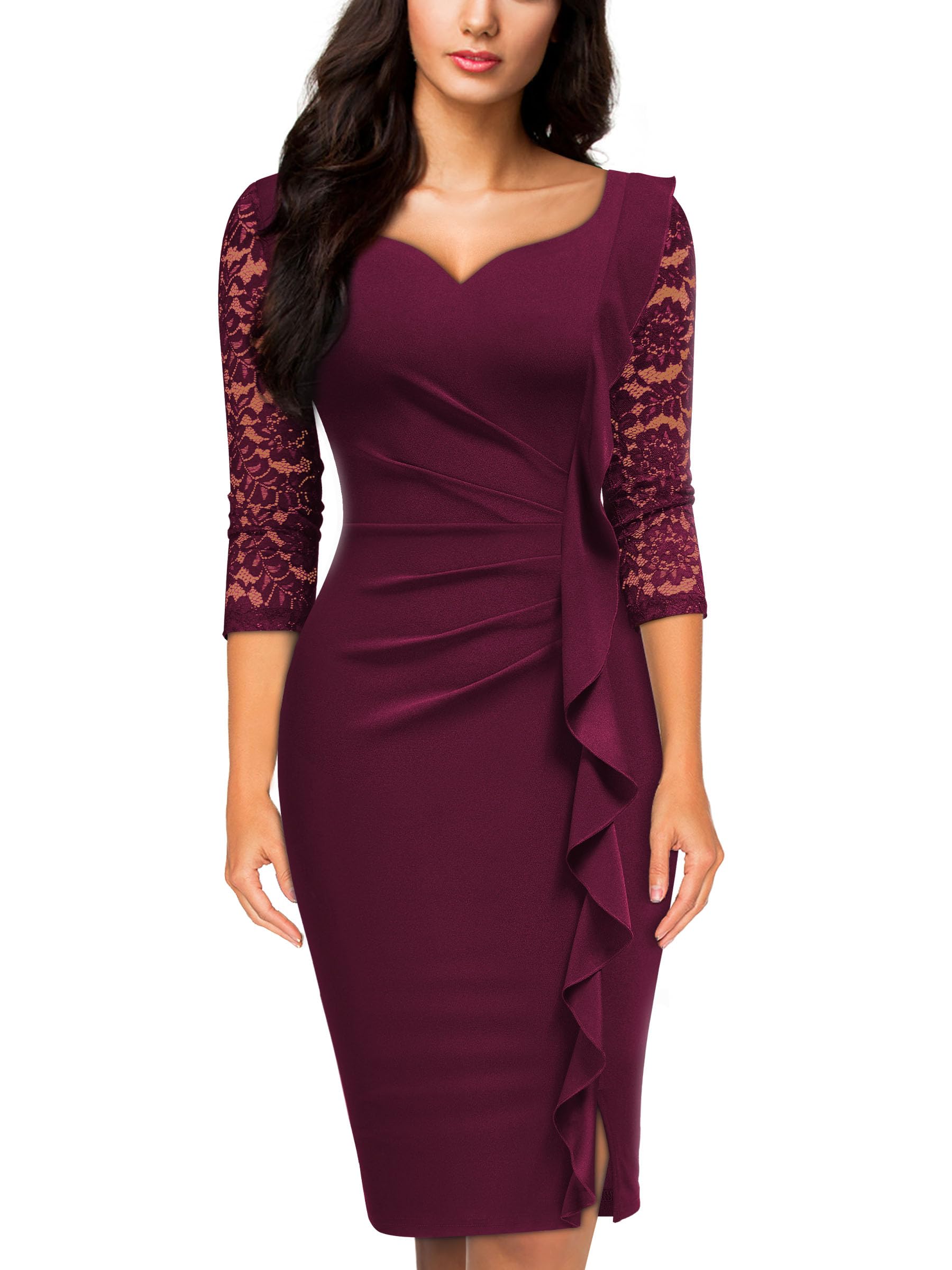 Photo 1 of ***(SEE NOTES BEFORE BIDDING)***Miusol Women's Classy V-Neck Floral lace 3/4 Sleeve Cocktail Party Dress (Large, Burgundy)