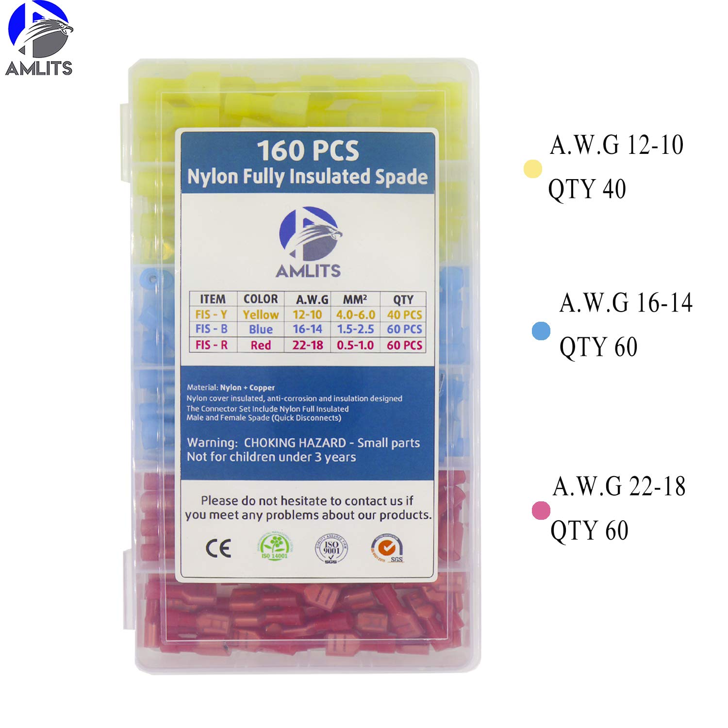 Amlits 160 PCS Fully Insulated Male & Female Spade Nylon Quick Disconnect Electrical Crimp Cold-Pressed Terminals Assortment Kit: Industrial & Scientific