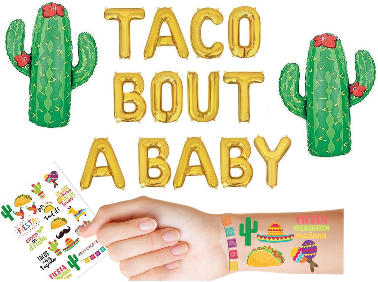 TACO BOUT A BABY Gold Balloons Banner Mexican Fiesta Cactus Baby Shower First 1st Birthday Party Decorations Supplies Theme Boy or Girl Gender Reveal Pregnancy Announcement Fiesta Tattoos Stickers