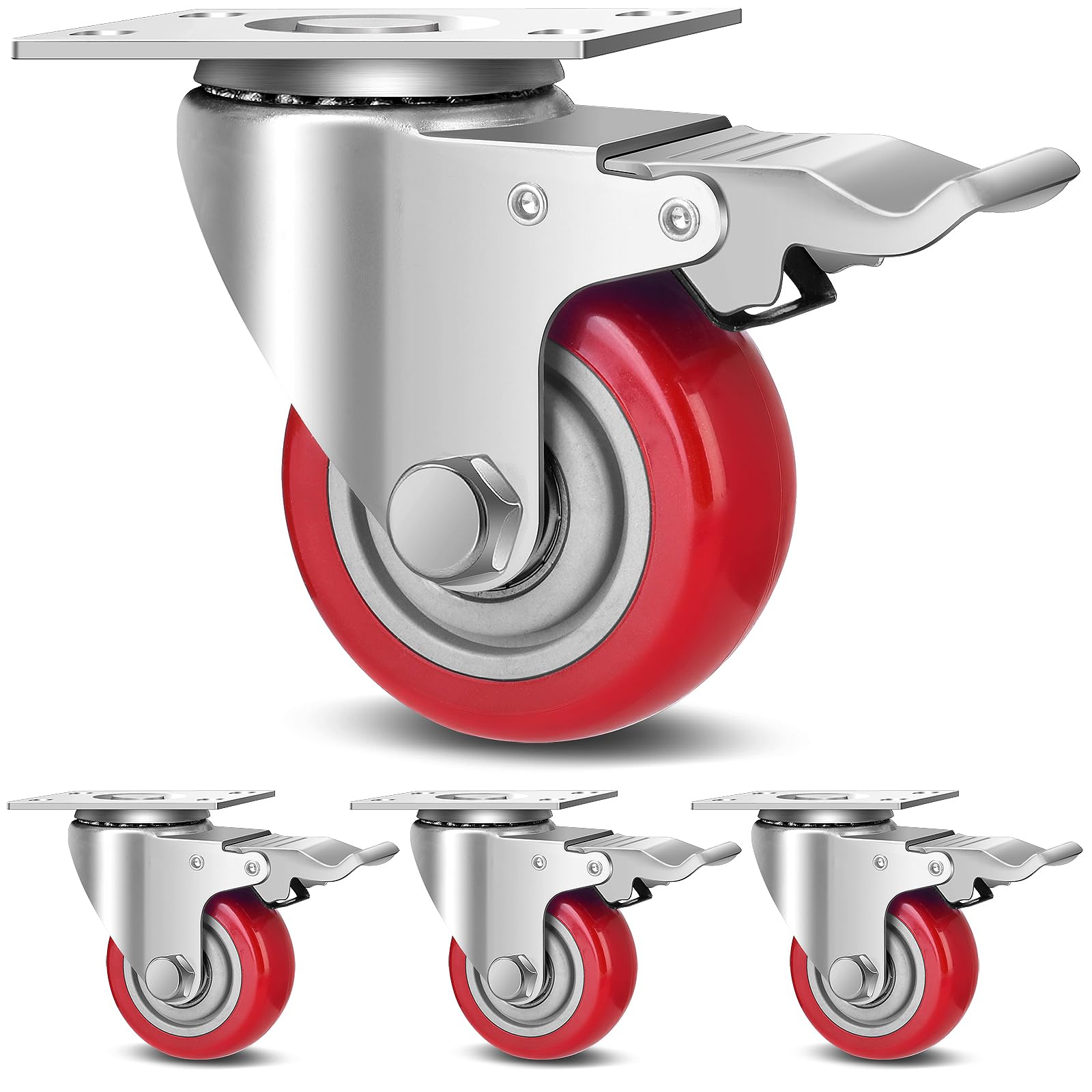 Photo 1 of TABKEER 3 Inch Industrial Heavy Duty Swivel Caster Wheels with Brake,Set of 4 Safety Locking Casters,Load 1600lbs,Premium Polyurethane Wheels for Table,Trailer,Saw Table,Stage Toolbox,Bed,Corn Board