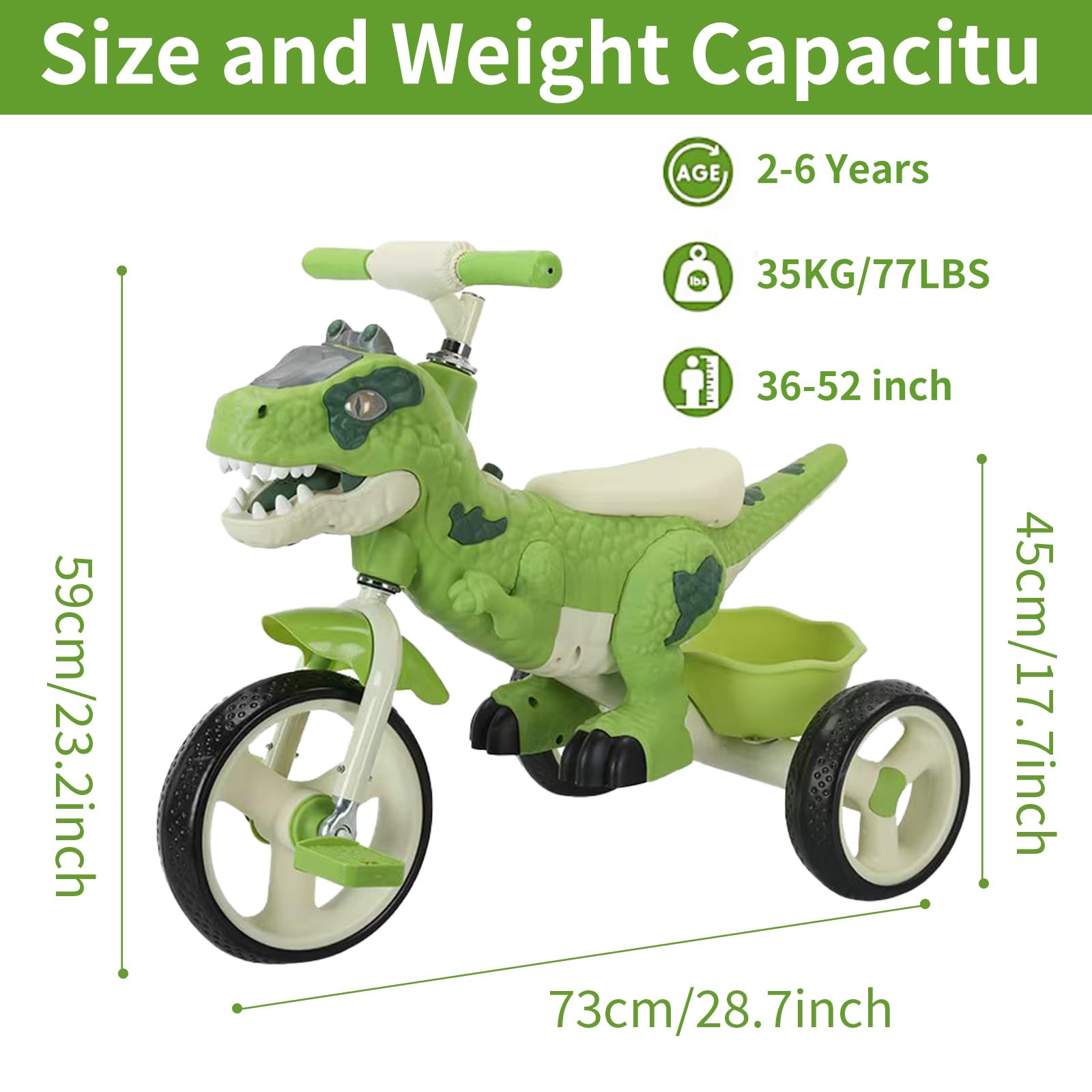 Dinosaur Kids Tricycle for Rider- Toddlers Kid Trike Bike Big Wheel with Music, Storage Basket,Indoor/Outdoor Preschool Daycare Kids Bike,Best Gift for 3-7 Year Old Girls & Boys (Green)