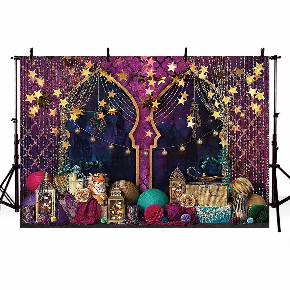 AIBIIN India Arabian Moroccan Nights Photography Backdrop Gold Star Glitter Palace Decor Magic Genie Theme Background Diwali Party Banner Photo Booth Props 7x5ft