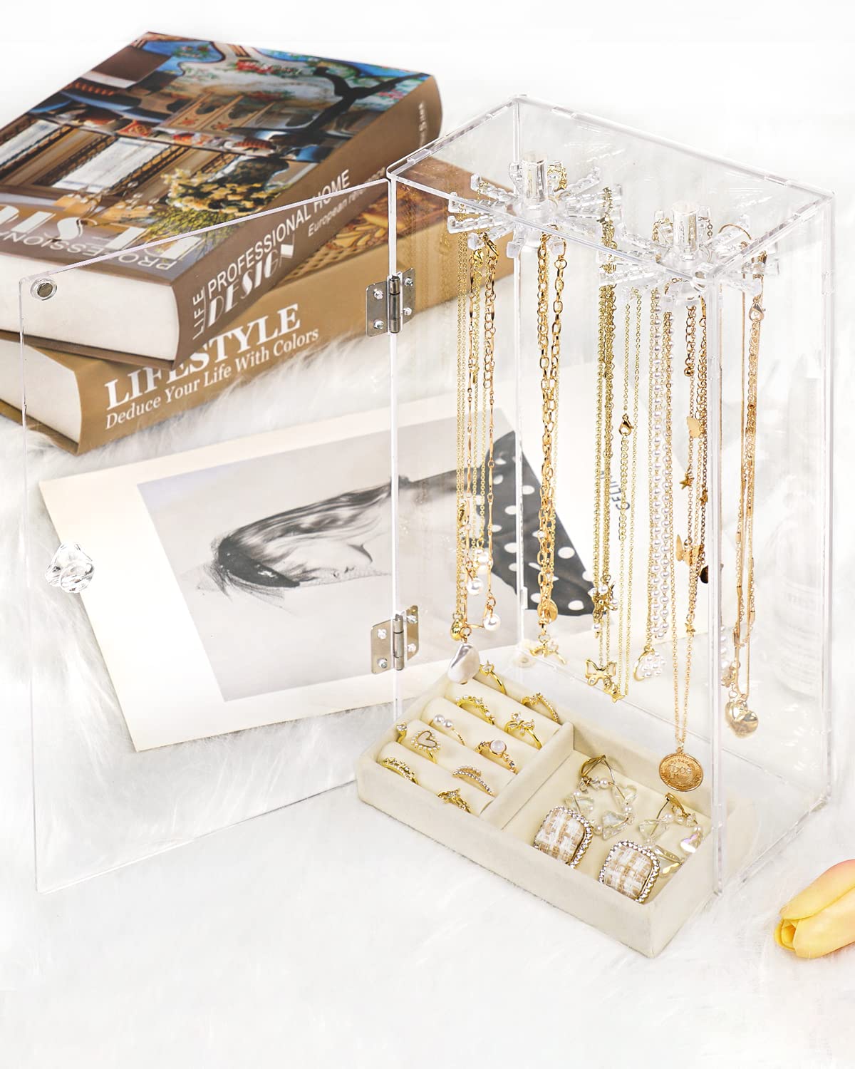 Necklace Holder, Acrylic Necklace Organizer, Rotatable Clear Jewelry Holder Organizer Display Case for Long Necklaces Pendant Bracelets, Jewelry Holder Box with Velvet Tray for Rings Earrings