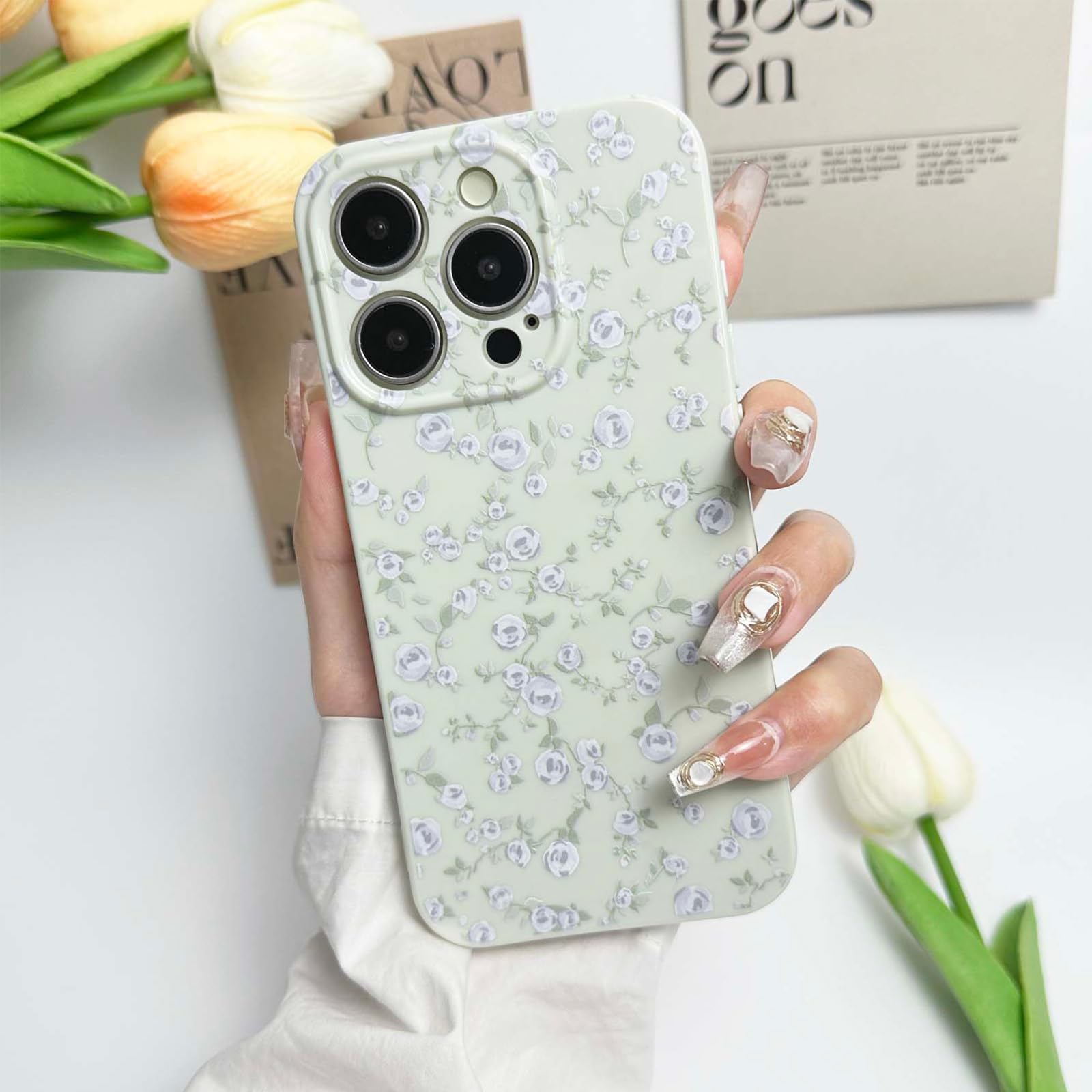 Photo 1 of DYFYFKDI Floral Case for iPhone 14 Pro Max Cute Flower Rose Pattern Aesthetic Vintage Girls Women,Oil Flowers Girly Trendy Slim Fit TPU Shockproof Protective Cover, Green