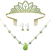 Haysandy 3 Pcs Princess Costume Jewelry Accessory Women Green Gems Leaves Gold Tiara and Green Peal Necklace with Peal Earrings for Halloween Costume Birthday Princess Jewelry
