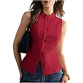 SHENHE Women's Linen Shirt Chinese Frog Button Stand Collar Tank Sleeveless Going Out Tops
