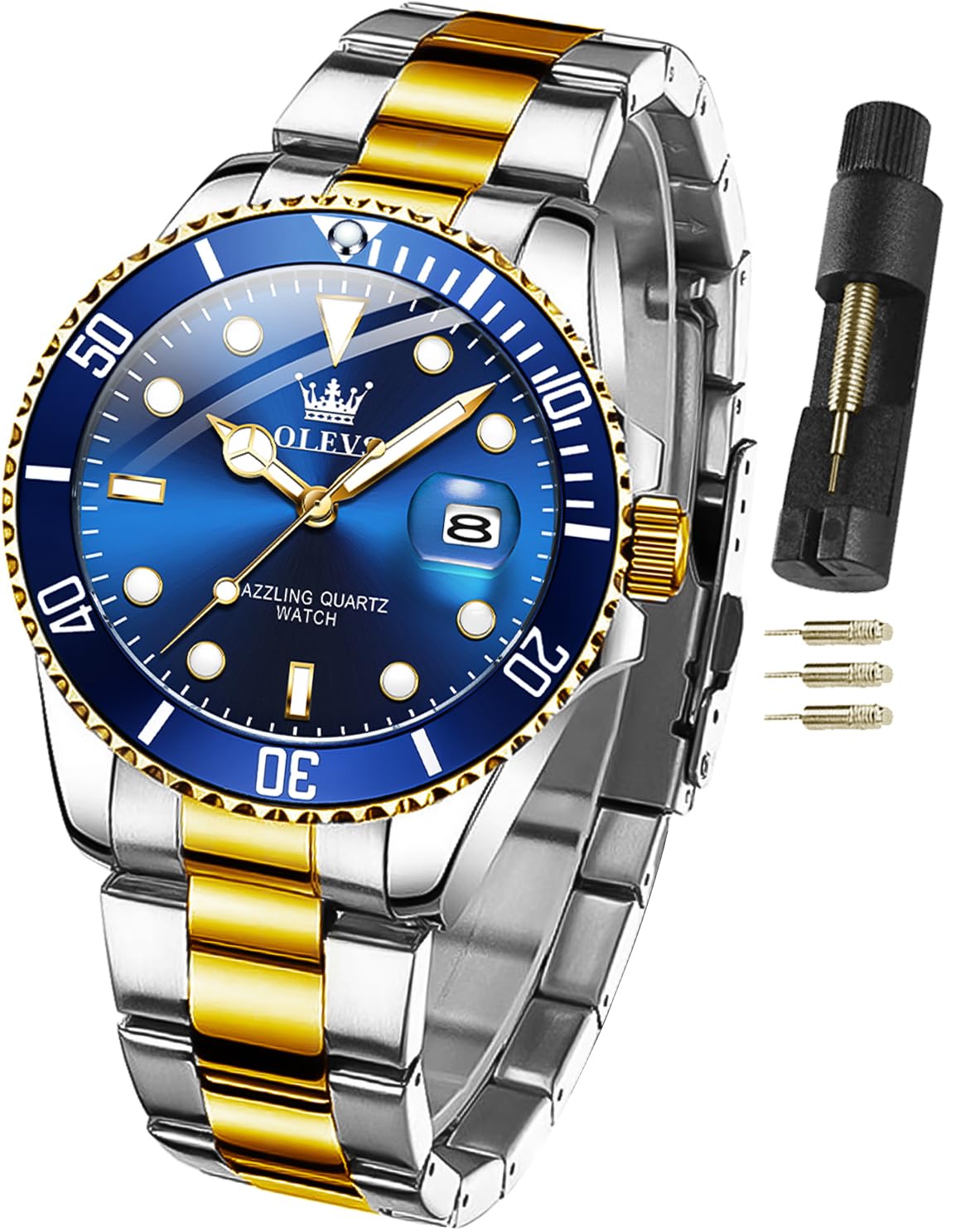 OLEVS Watches for Men Classic with Date Business Dress Luxury Big Face Green/Black/Blue Waterproof Luminous Mens Wrist Watch Analog Two Tone Stainless Steel Men Watch