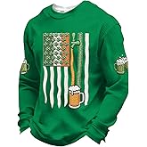 GQN St Patricks Day Shirt for Men，Green Waffle Crewneck Sweatshirt with Shamrock and Sleeve Emblem