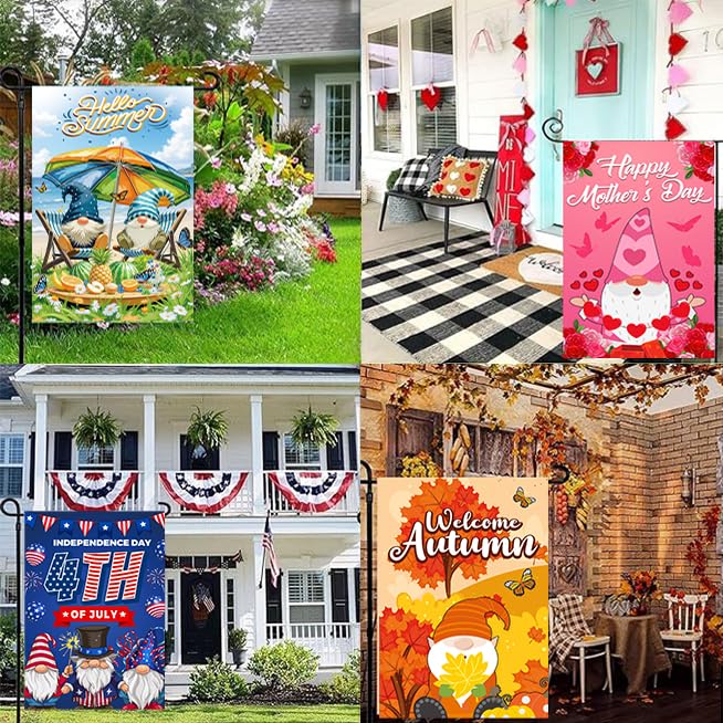 Gnomes Theme Seasonal Garden Flags Set of 12 Double Sided 12 x 18 Inch Summer Garden Flag for Outside, 4 of July Fall Winter Halloween Christmas Outdoor Flags, Holiday Flags for All Seasons