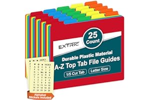 EXTRIC Alphabetical File Organizer, 25 Plastic Alphabet Dividers with Tabs Letter Size File Cabinet Dividers, Self Adhesive A-Z Labels – 5 Assorted Colors, 1/5 Cut Tabs for Filing Cabinet