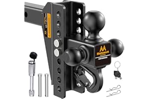 Mmtowus Adjustable Trailer Hitch -Drop Hitch -Tri Ball Mount with Hook (1-7/8'', 2''&2-5/16''), Fits 2-Inch Receiver, 8'' Dro