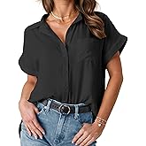 HOTOUCH Womens Short Sleeve Button Down Shirts Loose Fit V Neck Business Casual Blouses Summer Top with Pockets S-XXL