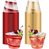 Gejoy 9 oz Rimmed Swirl Plastic Cups Disposable Wine Drinking Cups Clear Elegant Halloween Tumblers for Christmas Party Supplies(Red, Gold,100 Pcs)