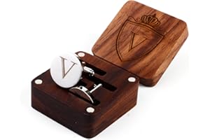 PROPHET CLUE PC Mens Initial Silver Cufflinks A-Z Alphabet Letter Steel Cuff Links with Engraved Walnut Wood Box Groom Groomsman Wedding Set…