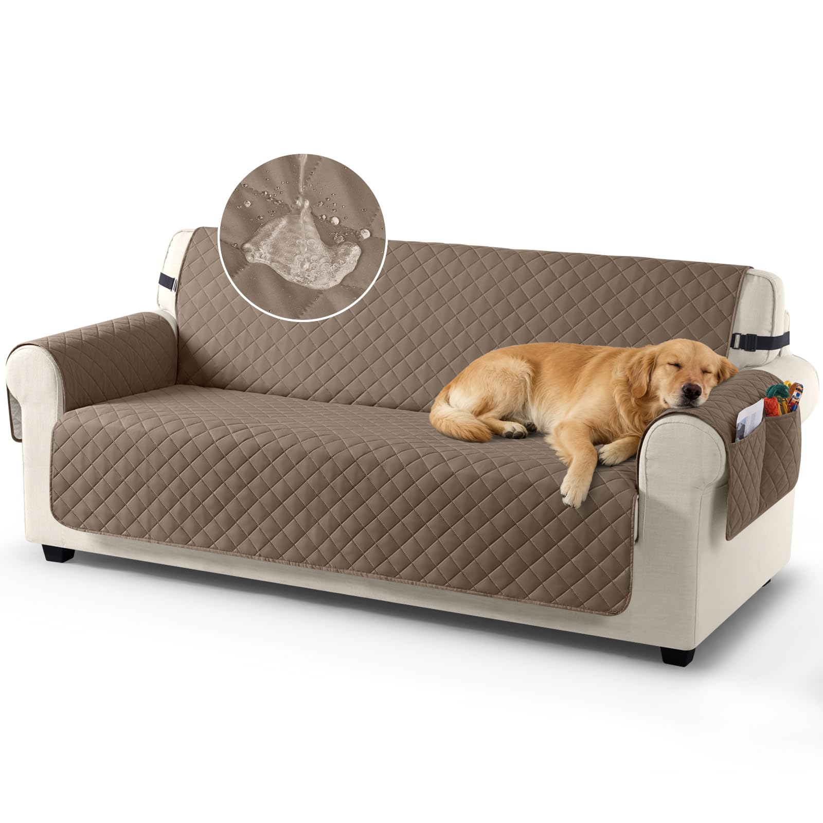 TAOCOCO Sofa Slipcovers 100% Waterproof Sofa Covers 3 Seater,Settee Covers with Storage Pockets,Anti Slip Couch Covers,Washable Sofa Protector for Kids/Dogs/Pets(Brown)