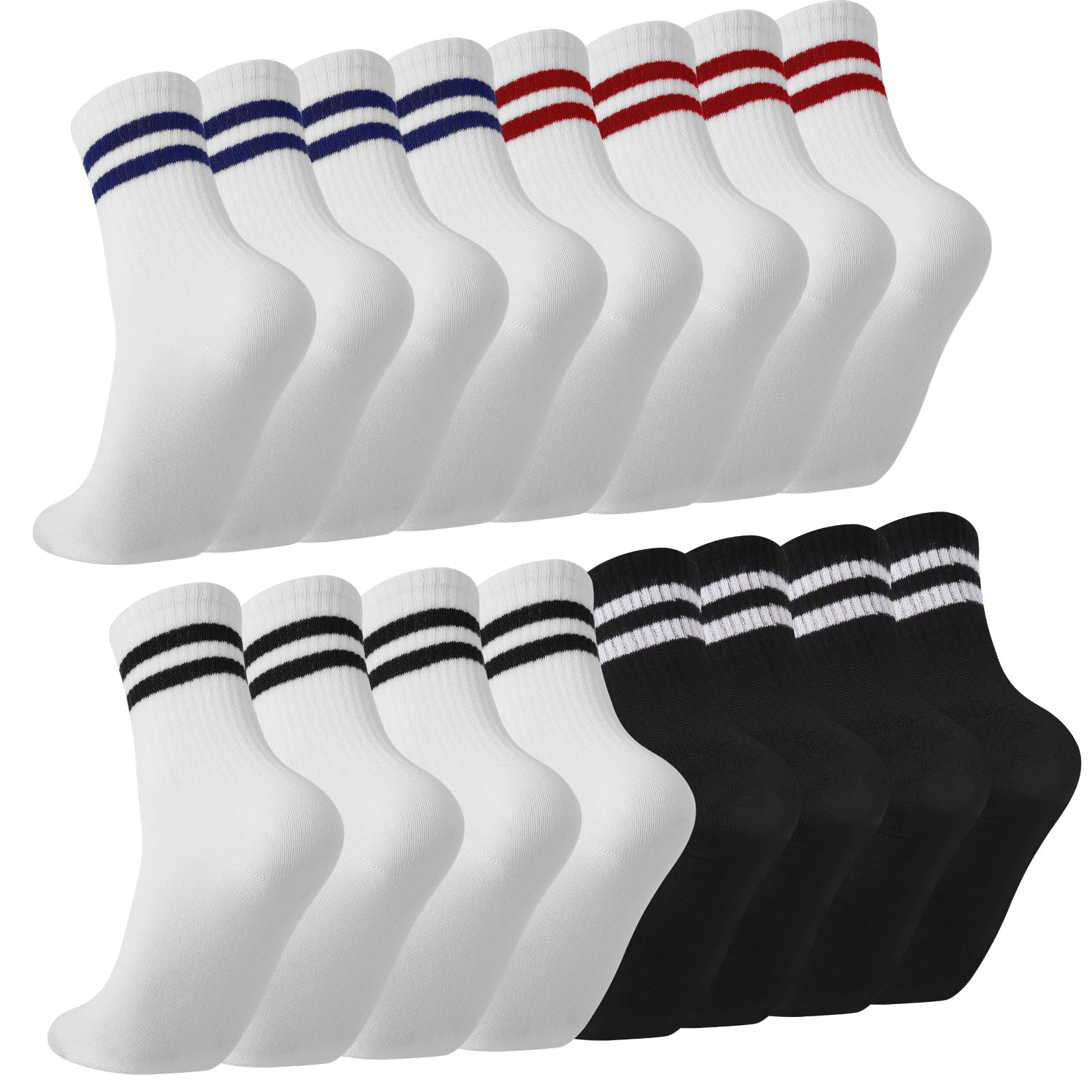 Photo 1 of Jspupifip 8 Pair Striped Athletic Crew Socks, Moisture-Wicking Running Socks for Men & Women, Breathable Casual Gym Socks, blue/red/black/white stripes