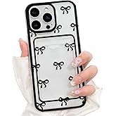NITITOP Compatible with iPhone 15 Pro Case with Card Holder Clear Cute Bow Ribbon for Women Girls Colorful Frame Soft TPU Wallet Shockproof Protective Cover - Black
