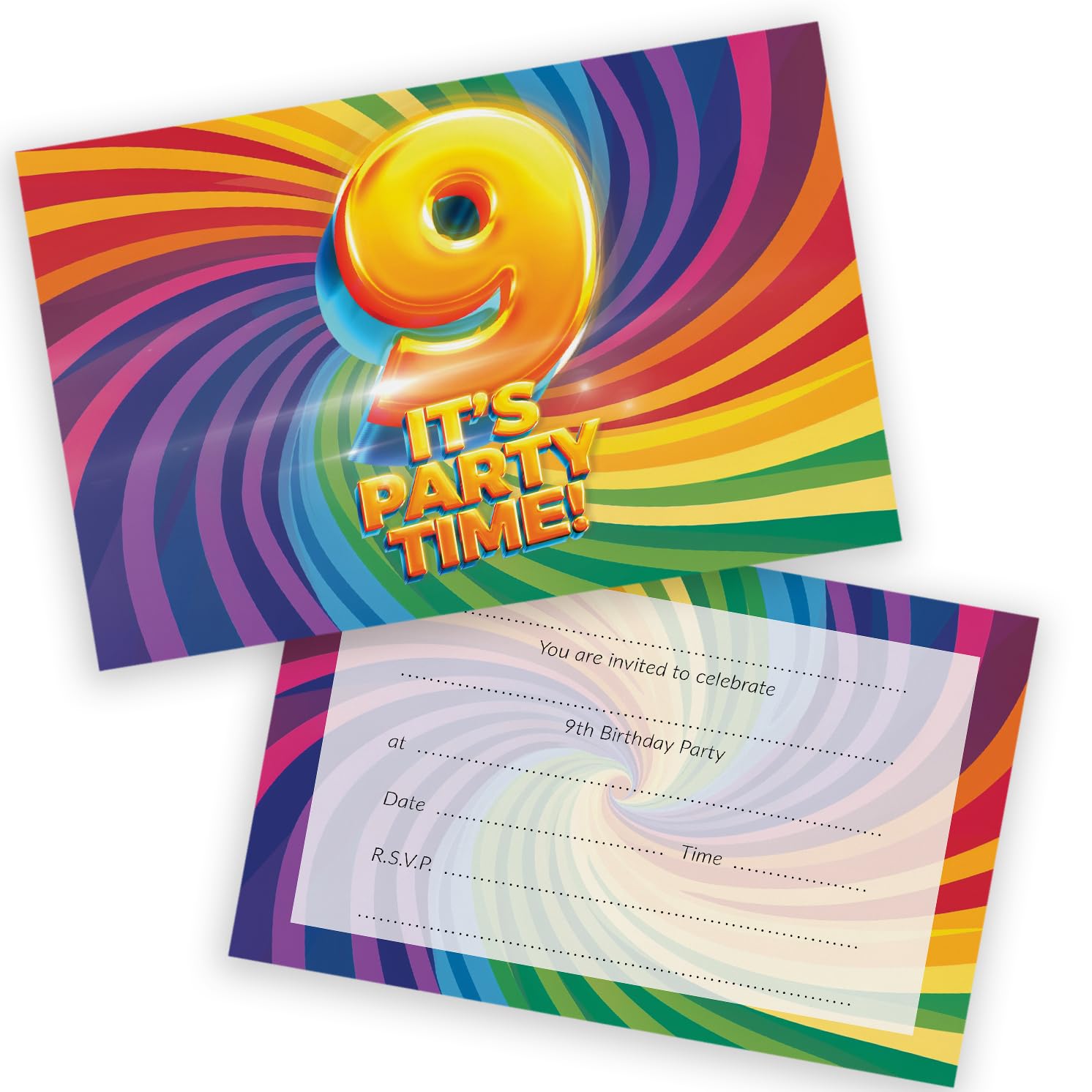 9th Birthday Party Invitations Kids - Now It's Party Time 20 Pack - Childrens Birthday Invitations for Boys/Girls A6 Bday Party Invites Invitation Cards with Folding Envelopes