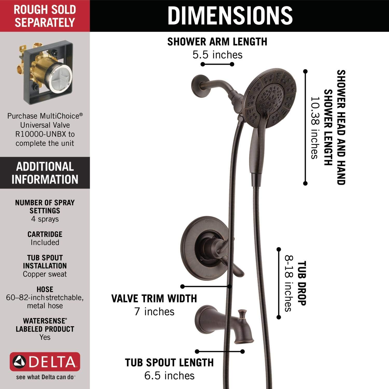 Delta Faucet Linden 17 Series Dual-Function Tub and Shower Trim Kit, Shower Faucet with 4-Spray In2ition 2-in-1 Dual Hand Held Shower Head with Hose, Venetian Bronze T17494-RB-I (Valve Not Included), Without Rough - Hand Held Showerheads - 