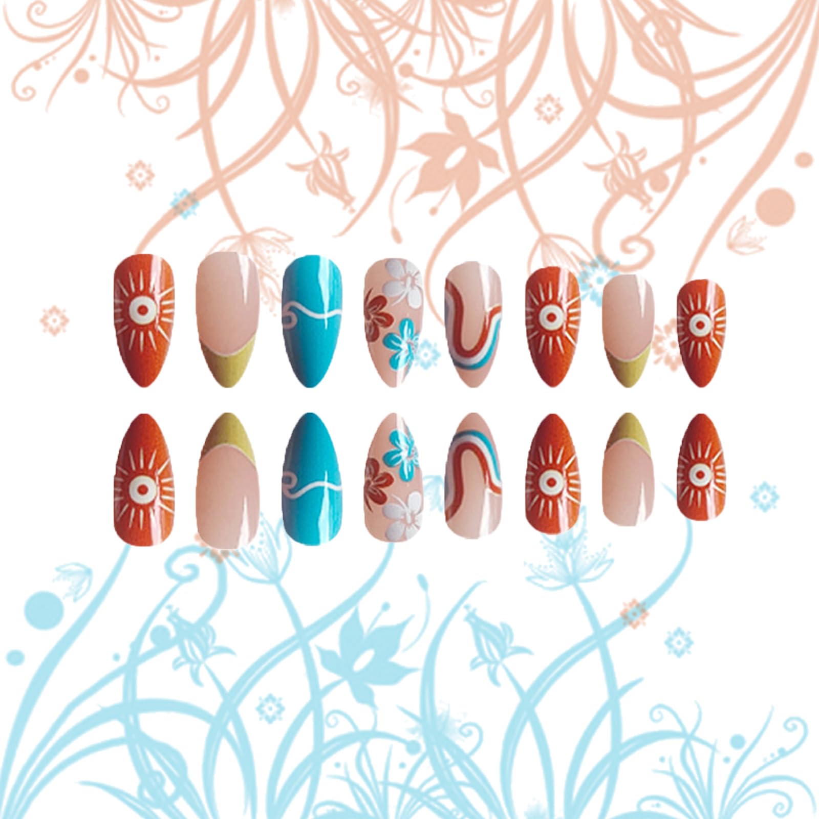 24 Pcs Summer Press on Nails French Tips Medium Almond Acrylic False Nails Sun Stick on Nail Glossy Orange Curve Line Fake Nail Waves Gel Glue on Fingernails for Manicure Art Women Girls - Image 5