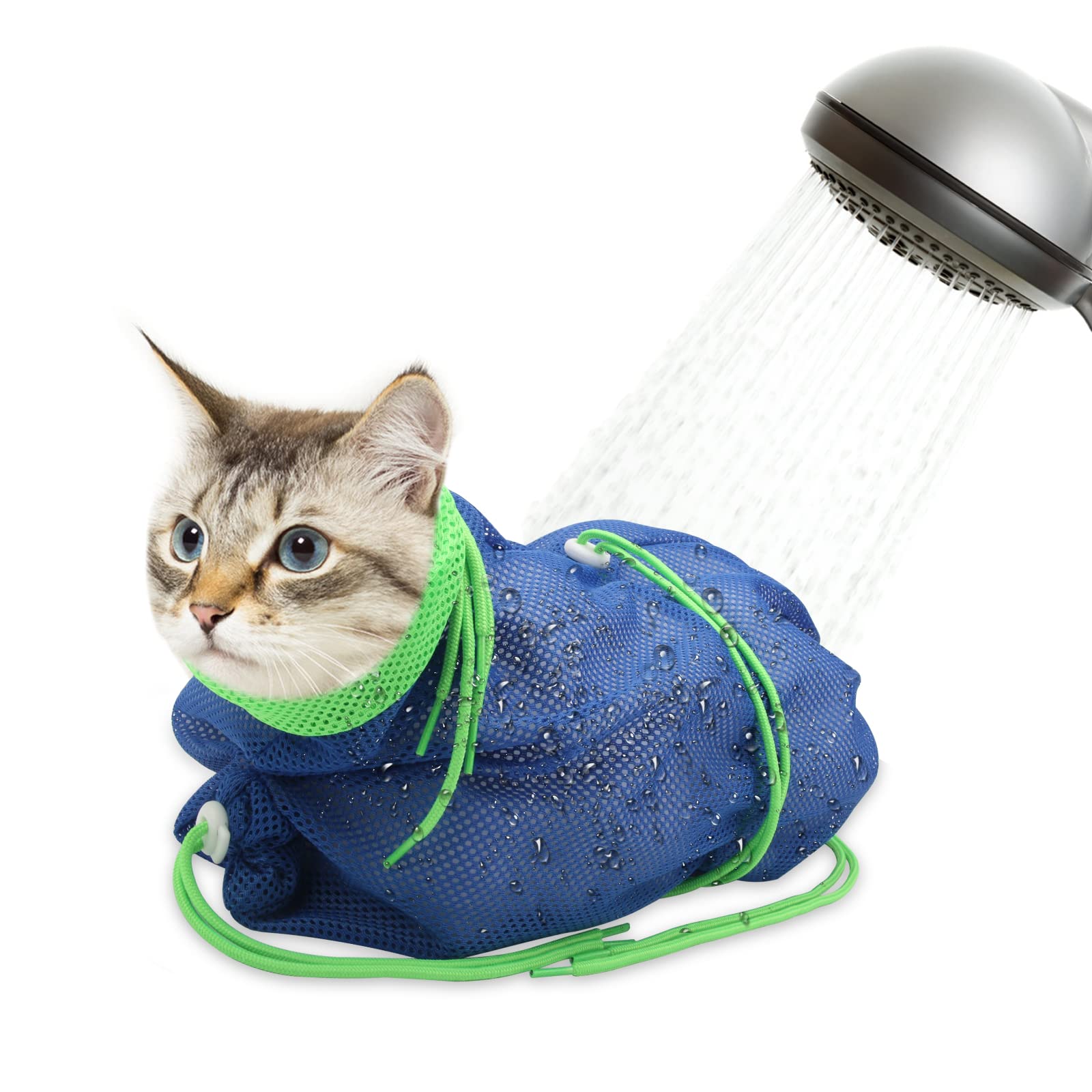 Photo 1 of Catcan Breathable Mesh Shower Bag - Anti Scratch Adjustable Grooming for Nail Trimming, Bathing - Polyester Soft Cat Washing (Blue-Green)