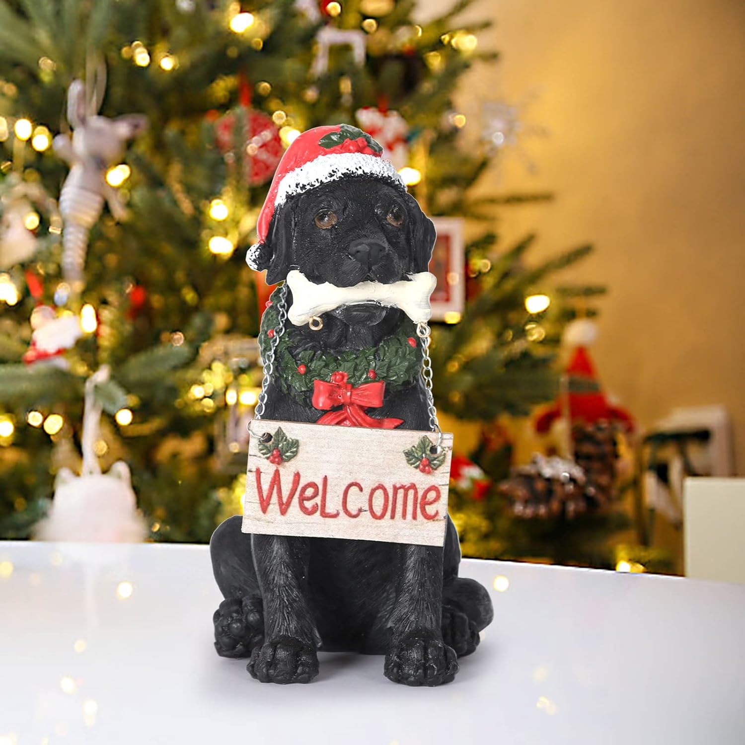 Address Signs - Holiday Welcome Dog Statue with Santa Hat - Welcome Dog Sign, Christmas Welcome Sign, Black Resin Garden Dog Statue for Lawns and Gardens Christmas decoration (Black)